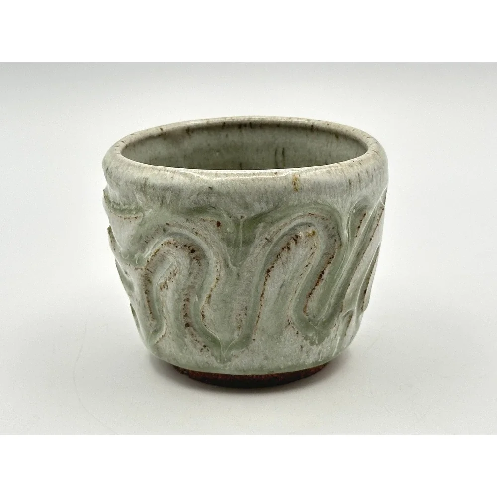 Olivia Coffee Studio Pottery Carved Celadon Green Wave Textured Cup Planter 3
